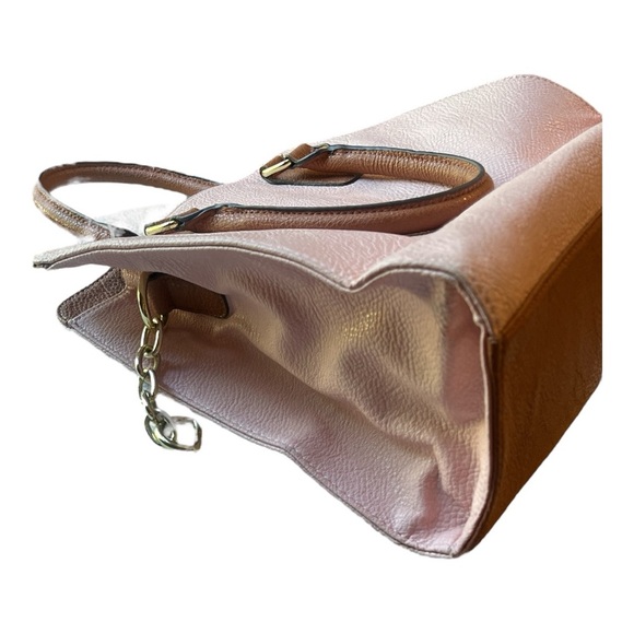 Vegan Leather Brown and Pink Structured Satchel with Double Handles - Picture 7 of 9